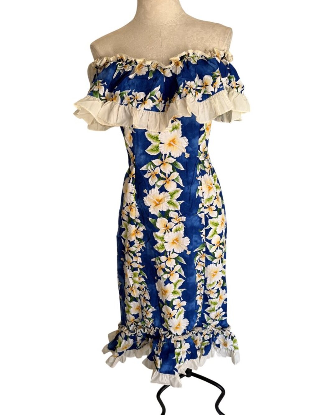 Lava Hut Womens Off Shoulder Hawaiian Dress Size M Blue Ruffles Floral Vintage